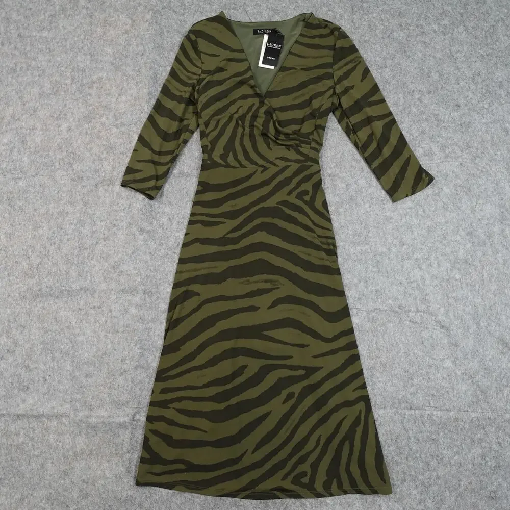 Ralph Lauren Dress Womens 12 Zebra Print Surplice Jersey Midi Stretch 3/4 Sleeve